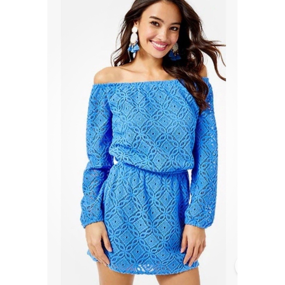 Lilly Pulitzer Romper Lana Off The Shoulder Skort XS Blue Hyacinth Lace‎ Classy